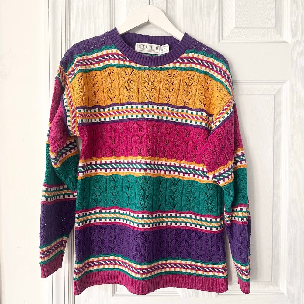 Studio Michelle Stuart USA Yellow Purple Pink Pointelle Stripe Sweater Small 80s